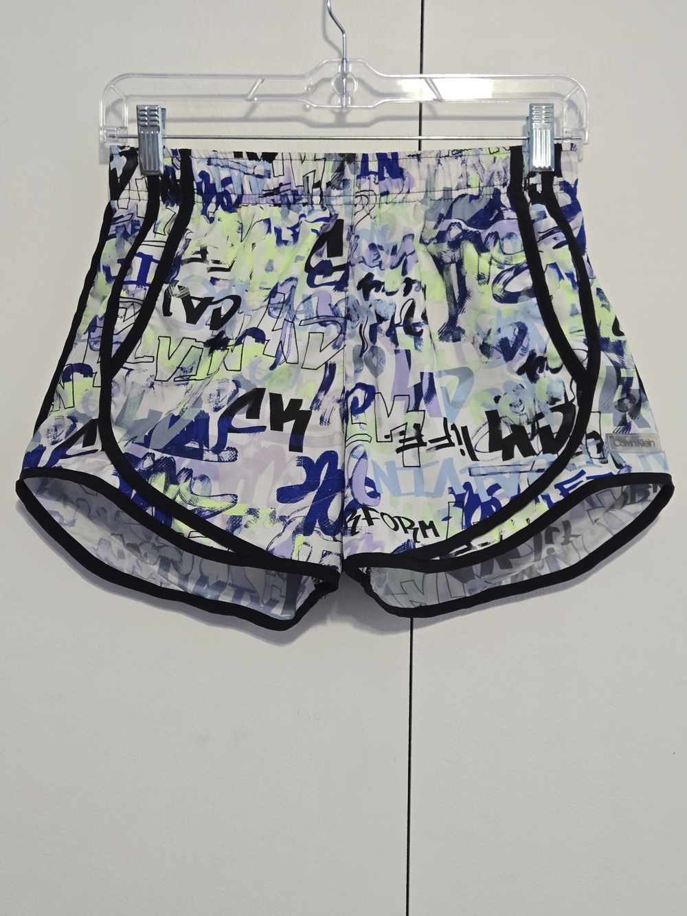 Calvin Klein Athletic Shorts XS White Blue Graffiti Print Running Gym Activewear